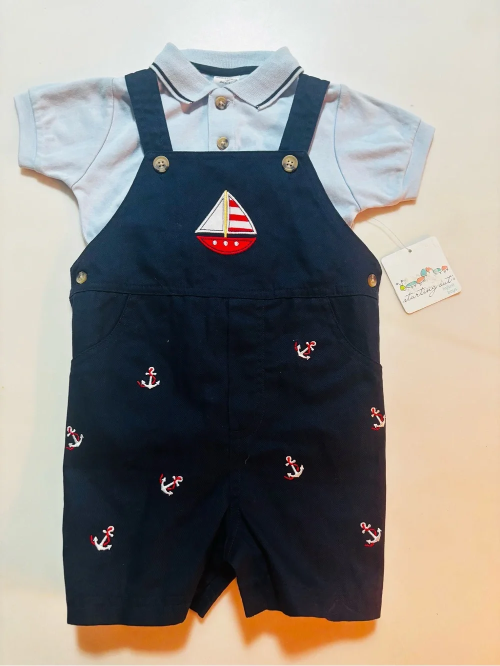 NEW Nautical Navy Anchor Embroidered Shortall with Light Blue Polo -